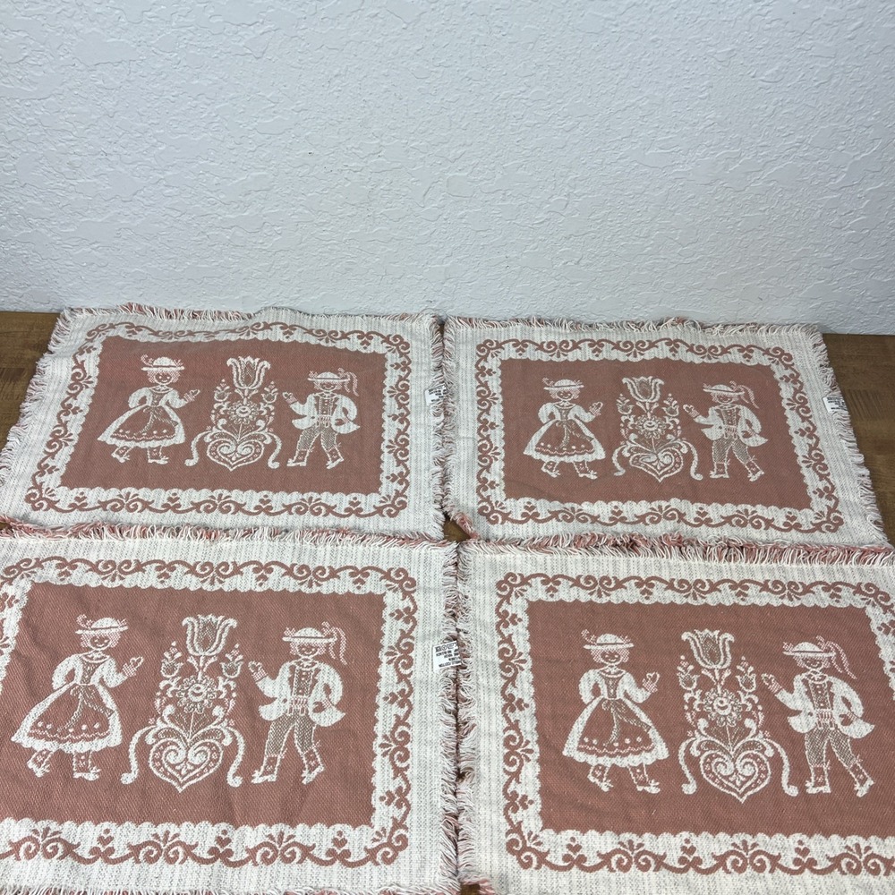 Vintage‎ Set Of 4 Austrian Placemats Pink Fringe Woven Folk Art Cotton/Linen - Picture 9 of 15